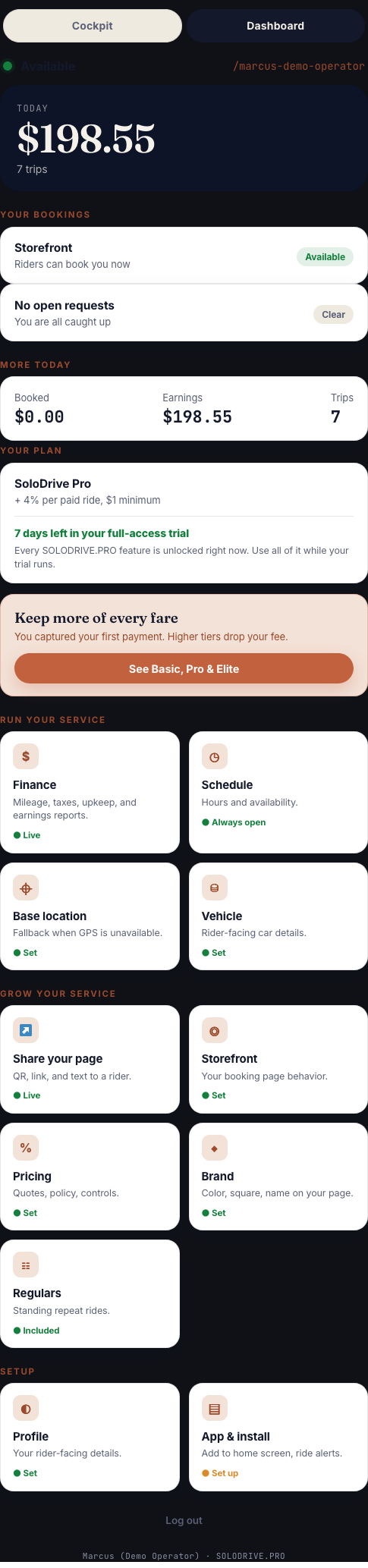 Driver console dashboard: today's earnings of $198.55 across 7 trips