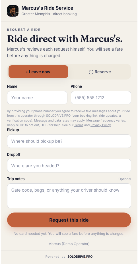 Marcus's live booking page on app.solodrive.pro/t/marcus, showing his display name, accent color, and his driver and vehicle photos.