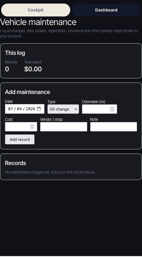Vehicle maintenance log: two real service entries with date, service, and mileage, and a next-service indicator.