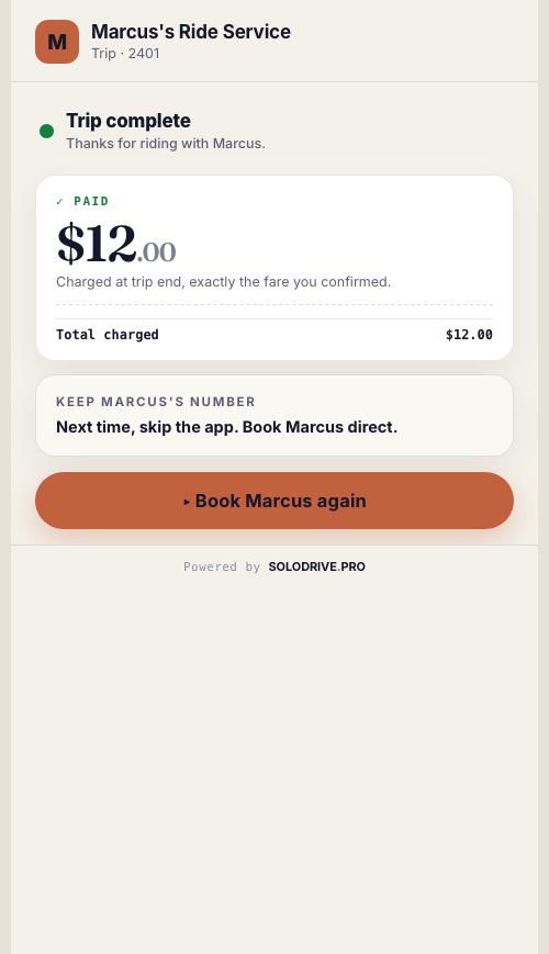 A completed booking with captured payment status: rider paid, trip complete, with the payout figure the screen shows.