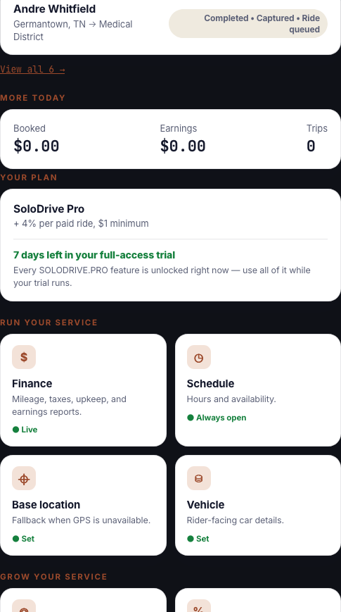 Marcus's plan screen: SOLODRIVE.PRO Pro, plus a 4 percent application fee per paid ride, with the live fee shown.