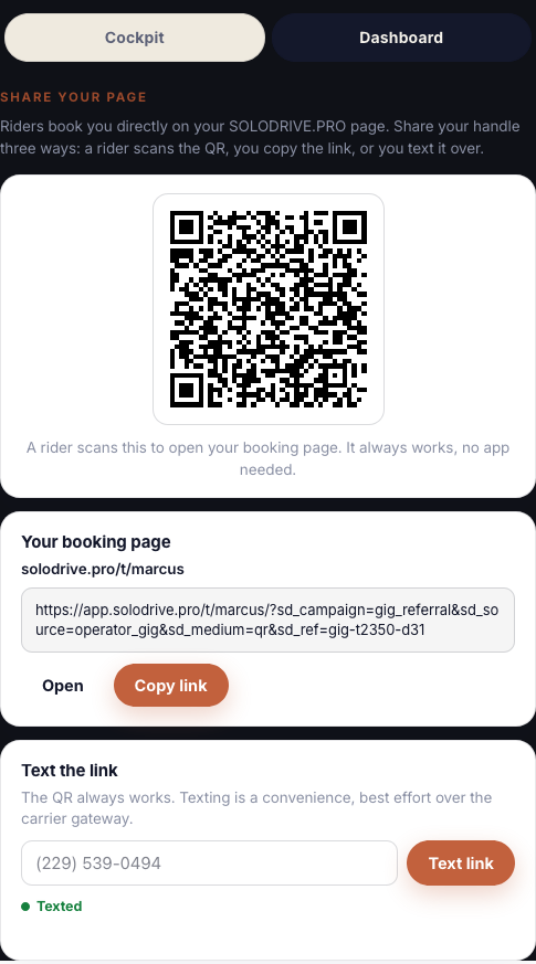 Share your page screen: Marcus's QR code, the solodrive.pro/t/marcus link, and a text-the-link action.