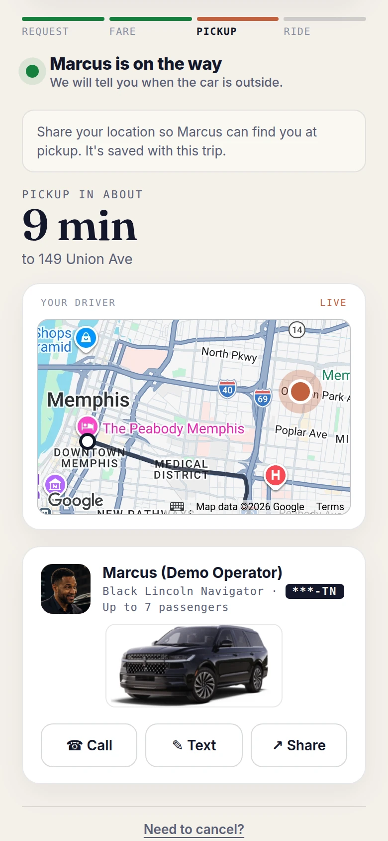 Rider trip page: a live map showing the driver on the way
