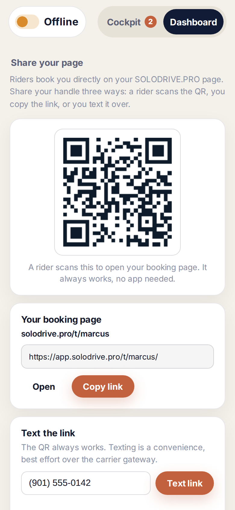 Share your page screen: a QR code and your booking link at your own handle